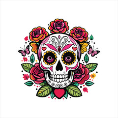 Decorated sugar skull with intricate patterns, surrounded by vibrant roses, leaves, and butterflies, representing day of the dead traditions, isolated on white background