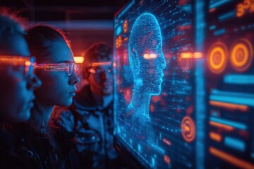 futuristic digital artificial ligence human face recognition technology using holographic screen with glowing digital interface in a high tech environment
