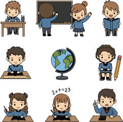Cheerful Cartoon Students in School, Education Concepts