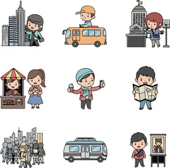 Tourist Activities Cartoon Icon Set