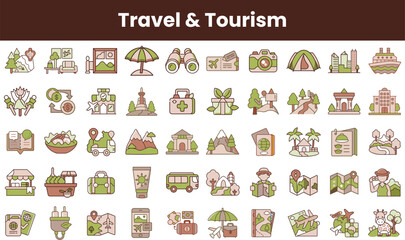 Fototapeta premium A vibrant collection of travel and tourism icons, featuring elements like landscapes, transportation, and leisure activities, perfect for travel-related designs and projects.