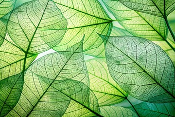 Obraz premium A closeup view of translucent green leaves reveals intricate vein patterns creating a beautiful and delicate natural texture