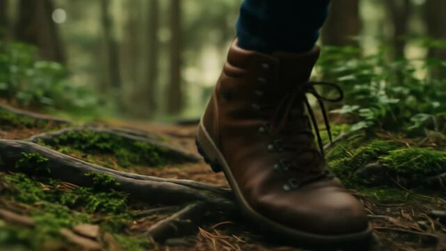 Hiker's boot steps on mossy roots in forest