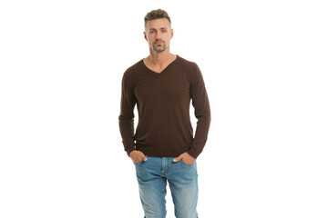 Men casual style. Portrait of guy in menswear. Stylish menswear fashion. Caucasian mature man. Man in business casual isolated on white. Handsome mature man. Stylish male jumper