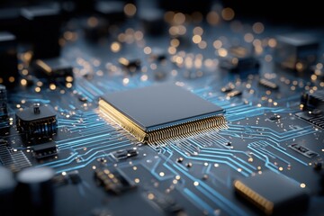 close up of a computer microprocessor chip mounted on circuit board with illuminated electronic components in the background