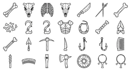 A collection of hand-drawn, monochrome illustrations of primitive tools and artifacts, including bones, animal skulls, weapons, and fishing implements, against a clean white background.