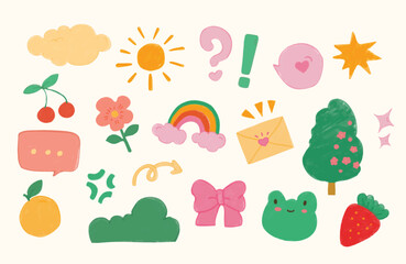 Crayon Texture Doodle Pack – Cute and Fun Hand-Drawn Icons. Cartoon-style clipart with a crayon texture, including clouds, rainbows, fruits, and emotional icons in a cute aesthetic.