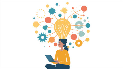 Conceptual Illustration of a Woman with Ideas Using a Laptop for Work or Studies Surrounded by Colorful Abstract Shapes