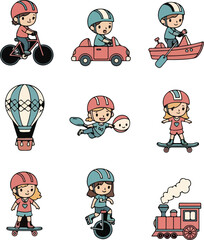 Cute Cartoon Transportation Set: Bicycle, Car, Boat, Balloon