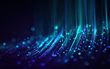 Abstract digital data stream visualization with glowing light trails and particles in a dark space for technological and futuristic backgrounds
