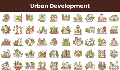 A colorful collection of urban development icons illustrating sustainable practices, green spaces, and community engagement in city planning.