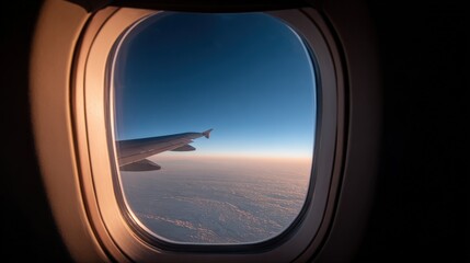 Naklejka premium View of an airplane wing and the sky seen through an airplane window du daytime flight with horizon and clouds in the distance