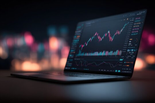 Business Technology Laptop Computer Showing Financial Stock Market Data and Graphs with Digital Chart Visuals for Trading and Investment Analysis - Powered by Adobe