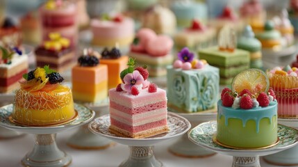 An array of vividly decorated cakes showcases various flavors and designs at a bakery event. These desserts are elegantly arranged, inviting guests to indulge in sweet treats.
