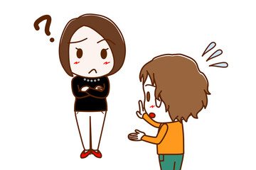 （複数）はてなと疑問に思い困惑する女性と一生懸命焦りながら説明する白人少年