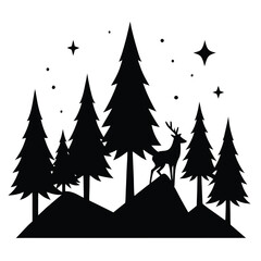 Obraz premium Black silhouette of a deer standing on a hill among pine trees under a starry sky