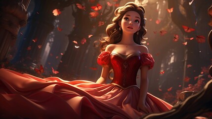 A stunning princess in a red dress, surrounded by magical butterflies in a forest.