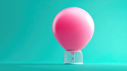 Pink balloon in a white cage against a teal background.