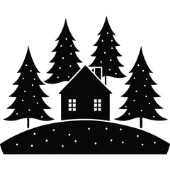 Fototapeta premium Black silhouette of a house with trees and snowy ground