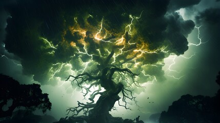 Obraz premium Spectacular lightning illuminates a gnarled tree amidst a raging thunderstorm.