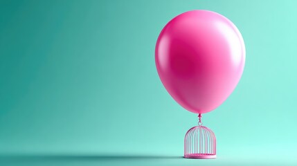 Pink balloon suspended in a cage against a teal background.