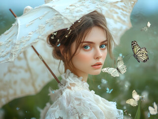 Beautiful young woman holding white parasol, surrounded by delicate butterflies in sunlit outdoor landscape, embodying ethereal romantic elegance