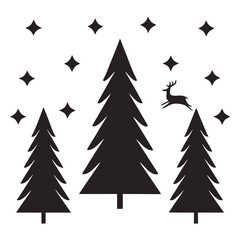 Black silhouette of a leaping reindeer among pine trees and stars