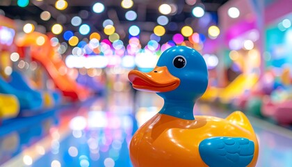 Close-up of a plastic duck toy in a brightly lit play area