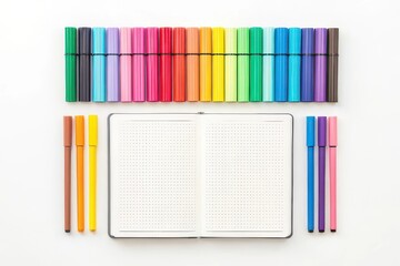 Colorful markers and open notebook isolated on white background