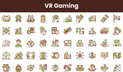 A diverse collection of VR gaming icons in earthy tones, showcasing various elements like achievements, interactions, and gaming devices.