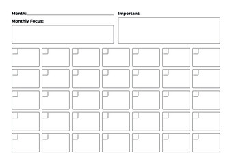 Minimalist monthly A4 planner with calendar grid and “Focus” and “Important” sections, clean layout