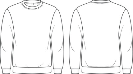 Crew neck sweatshirt fashion flat sketch, vector template, front and back view, technical drawing, casual wear design, clothing outline for apparel design presentation