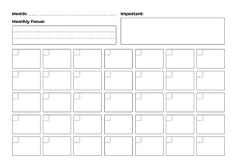 A4 monthly planner with calendar grid and fields for “Focus” and “Important”, minimalist design