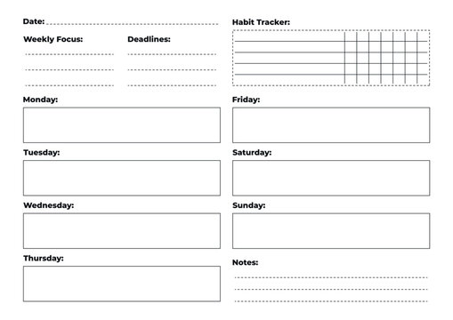 Minimalist weekly planner A4 with habit tracker, notes, goals and deadlines. Daily plan blocks included.
