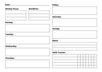 Weekly A4 planner with habit tracker, notes, weekly focus and deadlines, printable template
