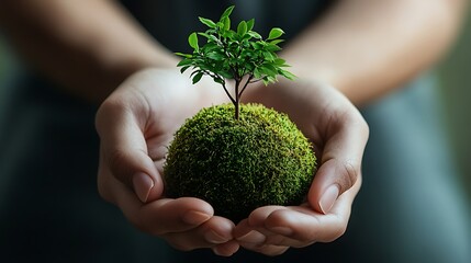 Tender Hands Holding Miniature Tree Growing on Moss Ball Symbol of Nature