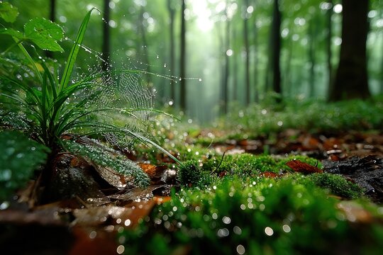 Macro photo of a dewy spider web stretched across forest grass, glistening with raindrops, soft light revealing rich textures of moss and soil in high detail.