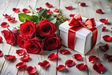 A beautiful bouquet of vibrant red roses and a white gift box with a red ribbon and bow, surrounded by scattered red rose petals on a wooden surface