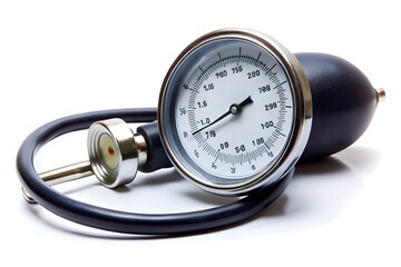Closeup of a medical blood pressure monitor gauge with a bulb and tubing, isolated on a white background