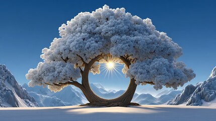 Magical snow covered tree with sunlight shining through
