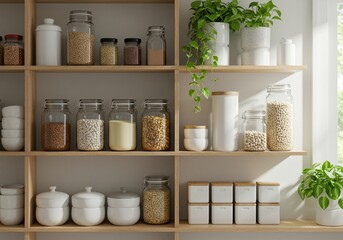 Zero Waste Tips: Organized Kitchen Pantry with Glass Jars, Bulk Foods, and Plants for Sustainable Storage