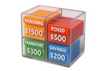 Colorful budget blocks indicating monthly expenses for housing, food, transport, and savings, in a transparent organizer.
