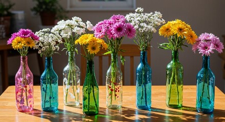 Zero Waste Tips: Colorful Flowers in Upcycled Glass Bottles as Sustainable Home Decor
