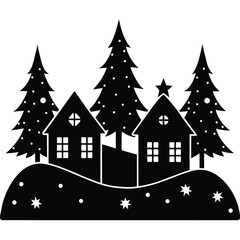 Fototapeta premium Black silhouette of houses and pine trees on snowy hill