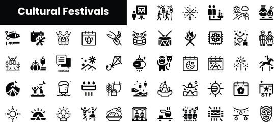 An array of icons representing various cultural festivals, showcasing diversity in celebrations through visual symbols and motifs.