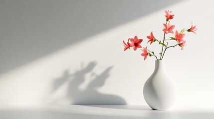 White vase with delicate red azalea flowers on a white background with natural light