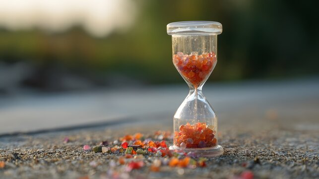 Translucent hourglass with memories as sand, some grains glowing red to signify cognitive health concerns.