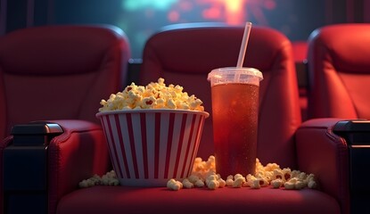 close up shot of popcorn and drink cup on red chair in cinema hall