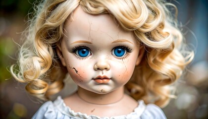 Close-up of an antique doll with blonde curls and blue eyes, showing signs of age and wear