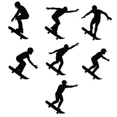 Seven Black Silhouettes of Skateboarders in Motion